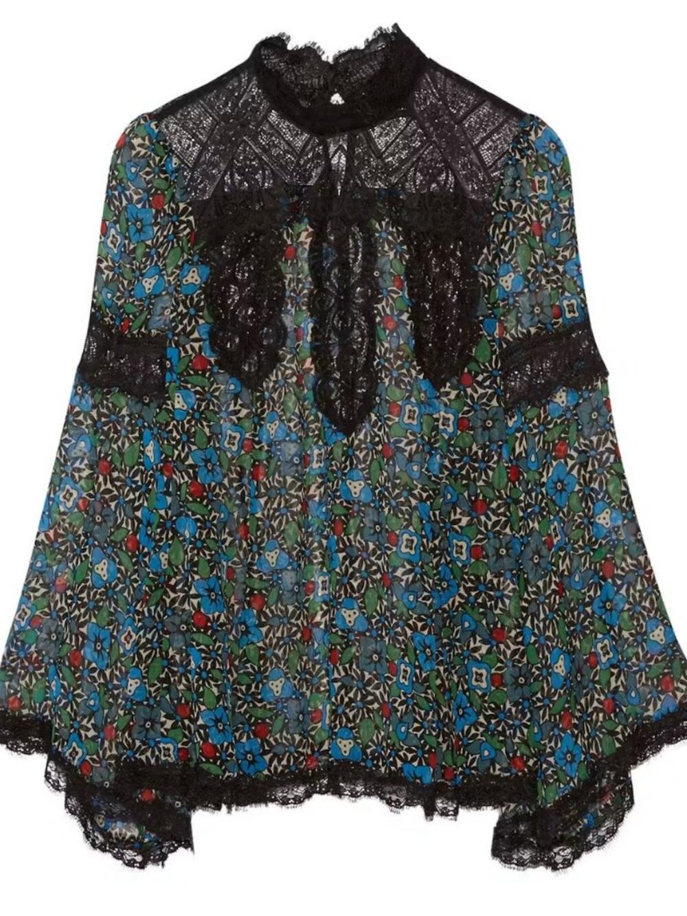 Anna Sui sheer silk chiffon & lace flower print blouse Victorian whimsigoth boho